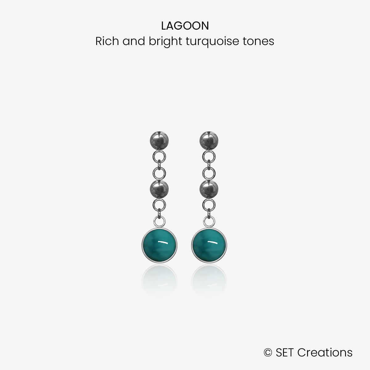1 pair of 6mm fused glass circular cabochons set into steel bases, attached to steel ball studs via steel ball connectors. Cabochon colour: Lagoon = rich and bright turquoise marble effect.