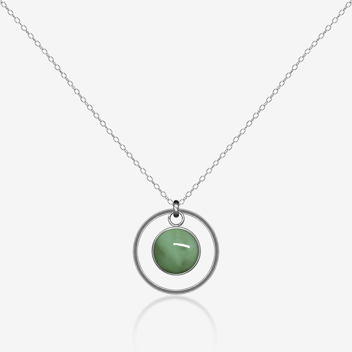 10mm fused glass circular cabochon set into a steel base, framed with a 20mm steel hoop and attached to a 500mm stainless steel pendant chain via jump ring. Cabochon colour: Olive = pale and subtle green marble effect.