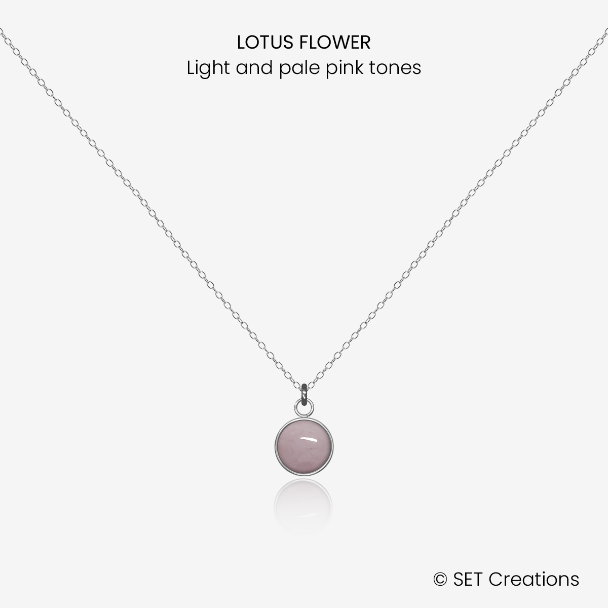 6mm fused glass circular cabochon set into a steel base and attached to a 400mm stainless steel pendant chain via jump ring. Cabochon colour: Lotus Flower = light and pale pink marble effect.