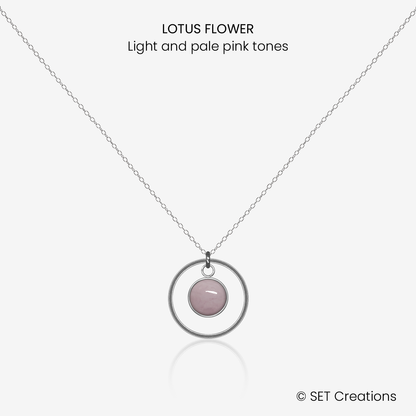 6mm fused glass circular cabochon set into a steel base, framed with a 16mm steel hoop and attached to a 400mm stainless steel pendant chain via jump ring. Cabochon colour: Lotus Flower = light and pale pink marble effect.