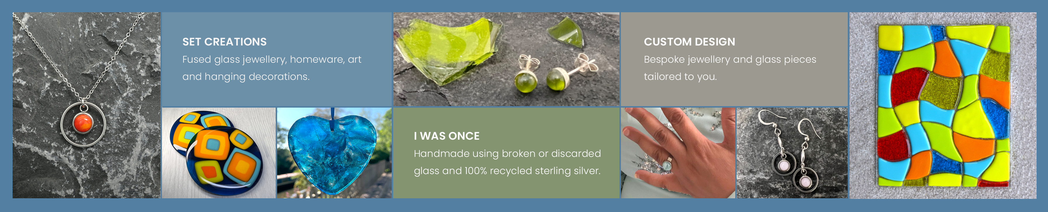 Web banner showing fused glass selection, recycled glass jewellery sample and bespoke glass and jewellery samples